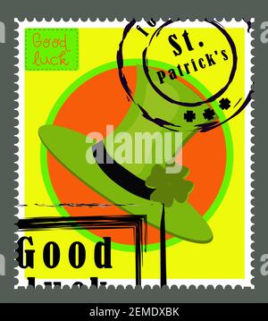 Timbres de la Saint-Patrick. Timbres-poste pour les lettres. Autocollants de Patrick. Bonne chance. Lettrage vectoriel dessiné à la main avec chapeau vert et shamrock. Fête de la bière Illustration de Vecteur