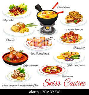 Cuisine suisse, menu de plats traditionnels, dîner et déjeuner au restaurant Vector Switzerland. Fondue au fromage suisse, ragu slami et noix d'Engadinsky Illustration de Vecteur