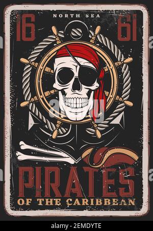 Pirate affiche vintage, crâne et navire achor, os de squelette de pirate des Caraïbes avec gouvernail de navire. Chef de file ou crâne pirate corsair en bandanna Illustration de Vecteur