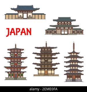 Temples japonais, sanctuaires et pagodes à Ikaruga Nara, Japon, vecteur de l'architecture bouddhiste points de repère. Horyu-ji, Toto et pagodes orientales, Nandaimon an Illustration de Vecteur