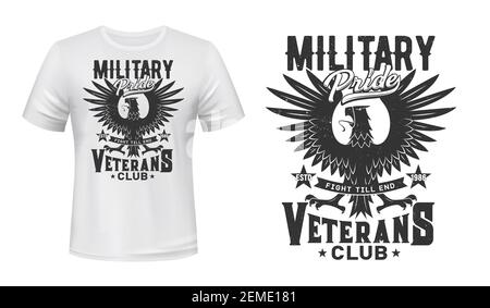 Imprimé aigle pour une maquette de t-shirt, emblème du club militaire des vétérans. Aigle gothique ou faucon mascot oiseau de club de combat ou de soldats de l'armée symbole wi Illustration de Vecteur