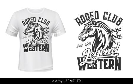 Imprimé t-shirt avec mustang de cheval, étalon de mascotte vectoriel, sport équestre, rodéo ou club de course. Mare animal avec typographie monochrome, tête de cheval Illustration de Vecteur