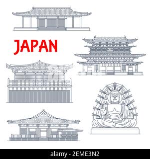 Temples japonais, sanctuaires et pagodes japonais à Nara, architecture du bouddhisme, statue de Bouddha, repères vectoriels. Sin Yakushi-ji, Sangatsu-do et Nigatsu-d Illustration de Vecteur