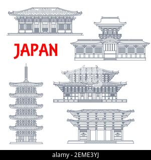 Temples japonais, sanctuaires et pagodes japonais à Nara, le bouddhisme vecteur de l'architecture repères. Tour de pagode Todai-ji et Kofuku-ji Shinto, Nandaimon Gat Illustration de Vecteur
