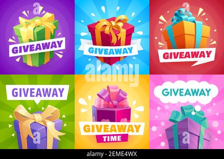 Cadeaux publicitaires, bannières de concours et gagnants de concours, affiches vectorielles. Cadeaux gratuits et boîtes cadeaux avec rubans, quiz et giv social Illustration de Vecteur