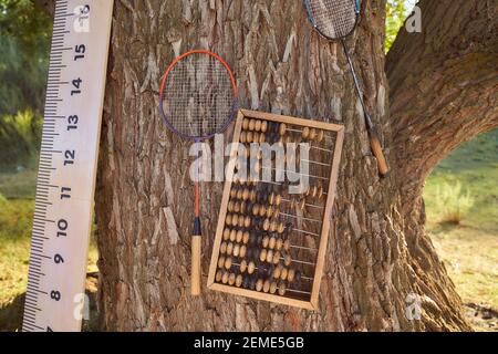 Une grande école, de vieux billets et des raquettes de badminton pendent sur l'écorce d'un vieux arbre. Photo de haute qualité Banque D'Images
