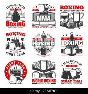 Boxe Muay Thai, Thaïlande kickboxing icônes, vecteur arts martiaux signes vectoriels. Thaïlande lutte et muay thay boxers club et centre d'entraînement, Illustration de Vecteur