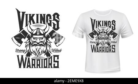 Maquette à imprimé t-shirt guerrier Viking, écusson vecteur de l'équipe de sport et du club de ligue. Scandinave Viking en casque à corne et haches croisées pour la mascotte Illustration de Vecteur