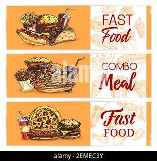 Bannières vectorielles pour les repas et les boissons rapides. Plats à emporter : pizza à emporter, hot dog et tacos mexicains, cheeseburger, frites avec soda glacé. Engra Illustration de Vecteur