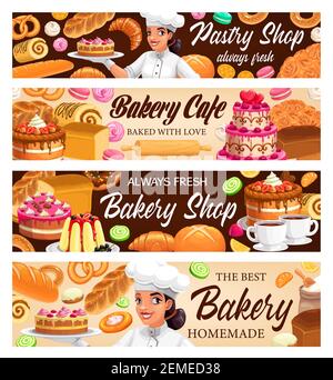 Desserts, gâteaux et bannières vectorielles de boulangerie. Faites cuire des bagels et des petits pains, des beignets de dessert frais, des croissants et des baguettes, des bretzels et des cupcakes. Macaro Illustration de Vecteur