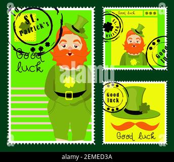 Timbres de la Saint-Patrick. Timbres-poste pour les lettres. Autocollants de Patrick. Bonne chance. Lettrage vectoriel dessiné à la main avec chapeau vert et shamrock. Fête de la bière Illustration de Vecteur