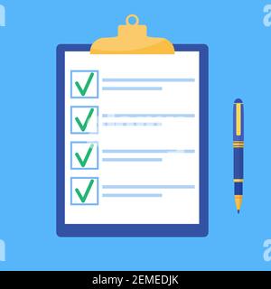 Presse-papiers avec coches vertes et stylo. Illustration de Vecteur