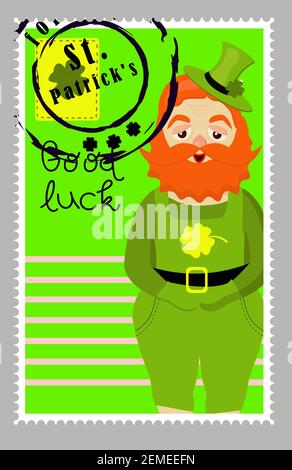 Timbres de la Saint-Patrick. Timbres-poste pour les lettres. Autocollants de Patrick. Bonne chance. Lettrage vectoriel dessiné à la main avec chapeau vert et shamrock. Fête de la bière Illustration de Vecteur