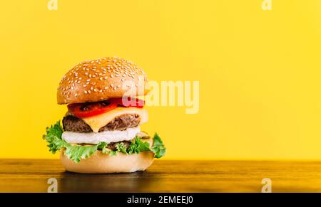 Hamburgers appétissants, juteux et lumineux, avec côtelettes, fromage, concombres marinés, tomates et bacon Banque D'Images