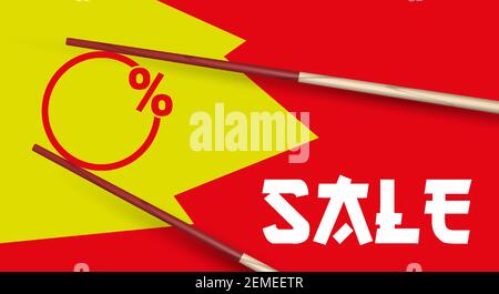 Les baguettes en bois contiennent une boîte de vente ronde. Le mot VENTE est écrit en caractères stylisés en caractères japonais. Illustration vectorielle 3D sur rouge et jaune b Illustration de Vecteur