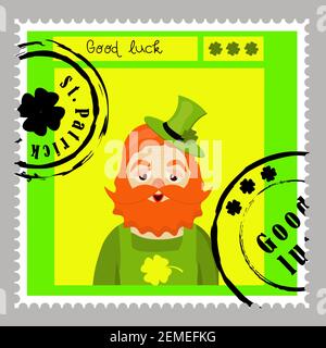 Timbres de la Saint-Patrick. Timbres-poste pour les lettres. Autocollants de Patrick. Bonne chance. Lettrage vectoriel dessiné à la main avec chapeau vert et shamrock. Fête de la bière Illustration de Vecteur