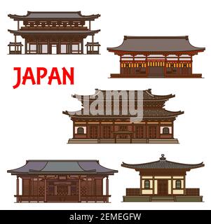 Temples japonais, sanctuaires et pagodes japonais dans les monuments d'architecture de Kyoto, maisons vectorielles. Temple Zen Ryoan-ji, Tofukuji et Horyuji, Nanzenji et F Illustration de Vecteur