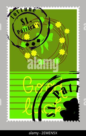 Timbres de la Saint-Patrick. Timbres-poste pour les lettres. Autocollants de Patrick. Bonne chance. Lettrage vectoriel dessiné à la main avec chapeau vert et shamrock. Fête de la bière Illustration de Vecteur