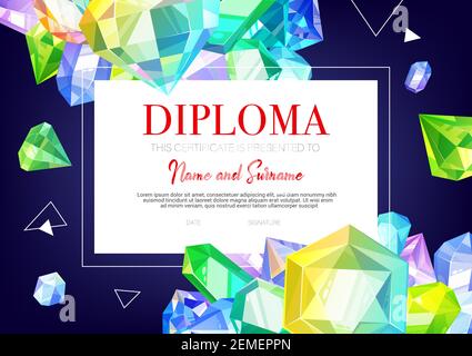 Certificat de diplôme pour enfants, bijoux de cristaux et de pierres précieuses, modèle de certificat d'éducation à l'école vectorielle. Diplôme d'études préscolaires et de maternelle ou diplôme universitaire Illustration de Vecteur