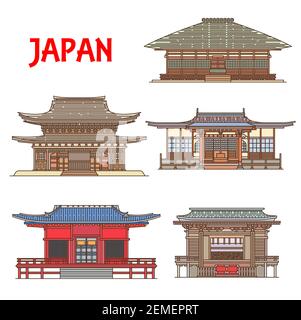 Japon bâtiments architecture, temples japonais et pagodes points de repère de Kamakura Kanagawa. Seiblake-in et temple Jomyo-ji, Fugenzan Meigetsu-in, Takin Illustration de Vecteur