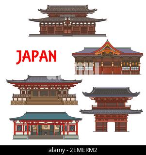 Temples japonais, sanctuaires, maisons de pagodes japonaises, bâtiments et portails d'architecture traditionnelle vectorielle. Kyoto Bouddhisme temples religieux Kurama-dera, à- Illustration de Vecteur