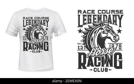 T-shirt à imprimé vectoriel du club de course hippique. Illustration gravée de la tête de l'étalon de cheval de course et typographie rétro. Course de sport équestre, club d'équitation c Illustration de Vecteur