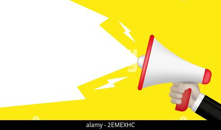 Main tenant le mégaphone. Illustration vectorielle 3D sur fond jaune. Illustration de Vecteur