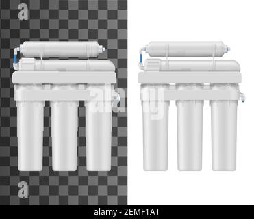 Filtre à eau par osmose inverse avec maquette de cartouches. Système de traitement, de purification et de filtration de l'eau avec étages de carbone et de sédiments, houes en plastique Illustration de Vecteur