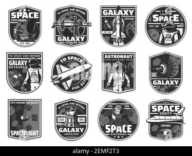 Exploration de l'espace extra-atmosphérique, aventure galaxie icônes noir et blanc. Vaisseaux spatiaux et satellites artificiels, télescope orbital et orbiteur de navette, astronaute Illustration de Vecteur