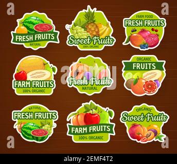 Icônes et autocollants de fruits, marché agricole tropical, étiquettes vectorielles. Autocollants fruits et baies ananas, orange et pomme, mangue exotique, pêche Illustration de Vecteur
