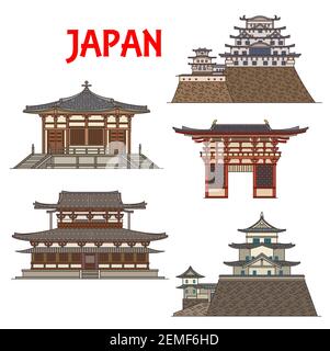Temples japonais, sanctuaires et pagodes du Japon à Osaka, IGA et Himeji, repères d'architecture vectorielle. Temple bouddhiste Shitenno-ji, Héron blanc ou Salut Illustration de Vecteur