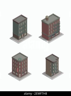 Ensemble de maisons vectorielles isométriques gothiques. Illustration vectorielle d'un bloc vivant vintage. Bloc de New York. Appartement Brooklyn. Isolé. Illustration de Vecteur