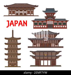 Temples et sanctuaires japonais pagodes, Japon Nara bouddhisme vecteur architecture repères. Tour de pagode Todaiji et Kofukuji Shinto, Grand Sanctuaire de Kasuga Illustration de Vecteur