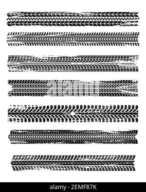 Empreintes de pneus, chenilles noires pour pneus de voitures, marques vectorielles de grunge isolées. Course à vélo, véhicule, transport traces de roues sales. Pneus en caoutchouc imprimés, automi Illustration de Vecteur