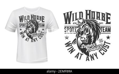 T-shirt à imprimé mascotte mustang, étalon vectoriel, sport équestre, club de course. Mare animal avec monochrome grunge typographie et tête de cheval sur wh Illustration de Vecteur