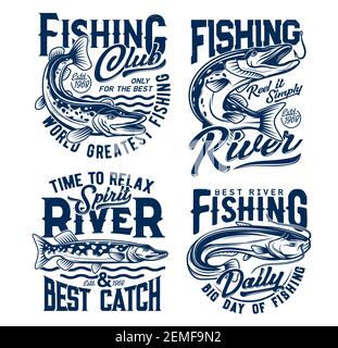 Club de pêche, imprimés t-shirts, emblèmes vectoriels de club de pêcheurs et icônes de vagues. Pêche en rivière pour le brochet et le poisson-chat sur des crochets à tiges, sport de pêche Illustration de Vecteur