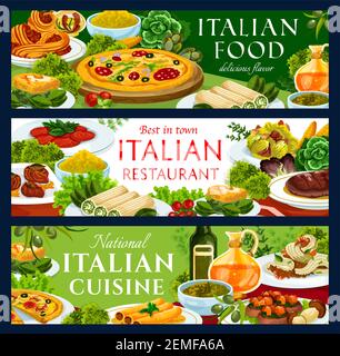 Banderoles vectorielles pour restaurants de cuisine italienne avec repas. Pizza avec salami, spaghetti bolognaise et crevettes tagliatelle dans la bière, oeufs florentins, lasagnes Illustration de Vecteur