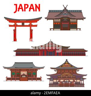 Temples japonais, pagodes et sanctuaires, Japon Tokyo rouge Ttorii portes Itsukushima Ryobu. Vecteur architecture bouddhiste monuments Kokubunji temple Zenko-ji Illustration de Vecteur