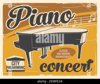 Affiche de musique de concert de piano, festival de musique classique en direct, symphonie philharmonique de Fortepiano vectoriel. Concert de piano, son acoustique classique orches Illustration de Vecteur