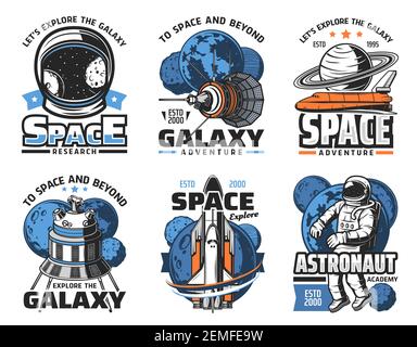 Aventure spatiale, icônes vectorielles d'exploration galaxie. Astronaute dans l'espace, orbiteur de navette et planètes du système solaire, satellite artificiel sur Terre an Illustration de Vecteur