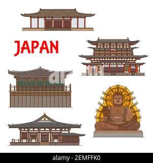 Temples japonais, sanctuaires et pagodes à Nara, Japon, architecture du bouddhisme vectoriel, monument de statue de Bouddha. Sangatsu-do, Nigatsudo et Sin Yakushiji, Illustration de Vecteur