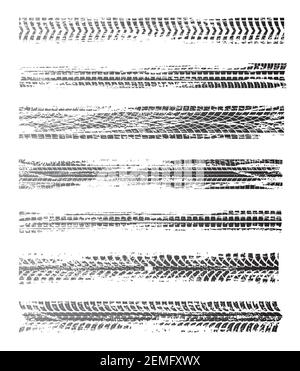 Empreintes de pneus, grunge offroad pneus de voiture piste, repères vectoriels isolés. Course à vélo, véhicule, transport traces de roues sales. Pneus en caoutchouc , automobile o Illustration de Vecteur