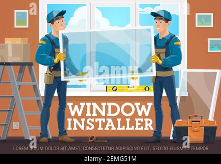 Bannière de vecteur de service des programmes d'installation Windows. Ouvriers de la construction tenant du verre, cadre de mesure et installant une fenêtre en plastique dans la maison ou l'appartement, wor Illustration de Vecteur