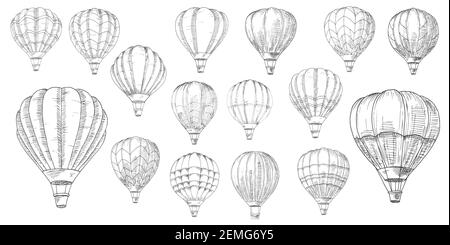 Esquisses de ballons rétro à air chaud. Vintage plus léger que les avions à air, ballon avec gaz propane chaud gonflé ou sac d'enveloppe d'hélium et panier en osier ou Illustration de Vecteur