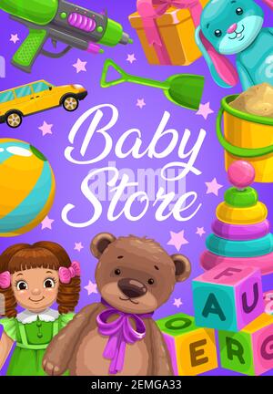 Magasin de bébé jouets vectoriels seau de sable, balle et pistolet à eau avec poupée, blocs cubes, boîte-cadeau et pelle en plastique, voiture avec ours mou. Articles de jeu pour le magasin de bébé Illustration de Vecteur