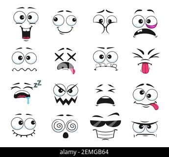 Caricature visage expressions vector icônes, drôle emoji cool lunettes de soleil, toothy et hypnotisé, dormir, bruise sur les yeux, rire et triste. Émoticône facial Illustration de Vecteur