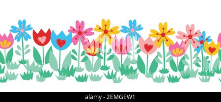 Jolie bordure fleurie sans couture isolée sur fond blanc. Dessin à la main floral vecteur illustration enfant comme tulipes coloré répétition motif pour Illustration de Vecteur