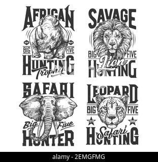 Imprimés de maillots de chasse Safari, animaux sauvages africains et icônes de vecteurs de trophées de club de chasse. Safari Hunt sport emblèmes avec animaux têtes de lion, éléphant, l Illustration de Vecteur