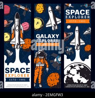 Bannières rétro vecteur exploration spatiale. Cartes d'aventure d'expédition de la galaxie avec astronaute, explorateur spatial de la navette, satellites et planètes dans ou Illustration de Vecteur