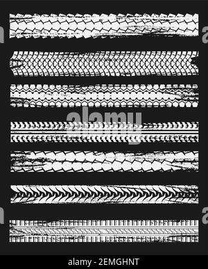 Empreintes de pneus, les pneus tracent des traces de grunge isolées de la voiture vectorielle qui porte des marques noires. Rallye, protecteurs de motocross, véhicule, transport traces de roues sales. Illustration de Vecteur